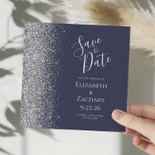 Square Dark Blue Silver Glitzer Save the Date Ankündigung