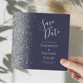 Square Dark Blue Silver Glitzer Save the Date Ankündigung