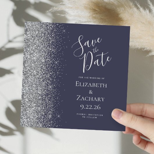 Square Dark Blue Silver Glitzer Save the Date Ankündigung