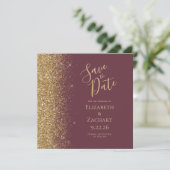 Square Dark Burgundy Gold Glitzer Save the Date Ankündigung (Stehend Vorderseite)