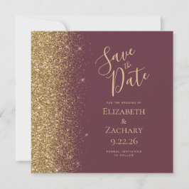 Square Dark Burgundy Gold Glitzer Save the Date Ankündigung