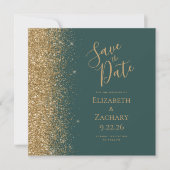 Square Dark Green Gold Glitzer Save the Date Ankündigung (Vorderseite)