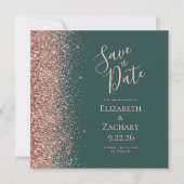Square Dark Green Rose Gold Save the Date Ankündigung (Vorderseite)