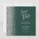 Square Dark Green Silver Glitzer Save the Date Ankündigung (Vorderseite)