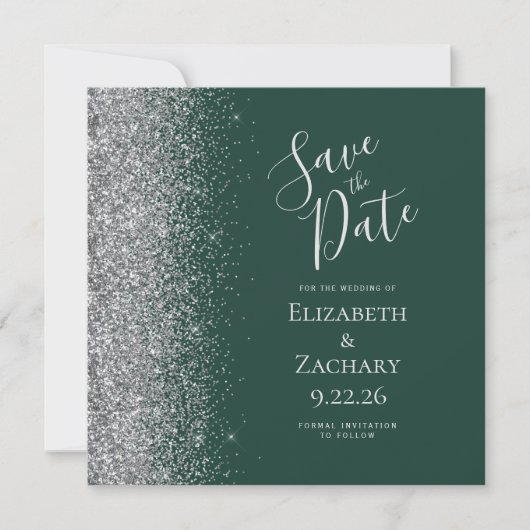 Square Dark Green Silver Glitzer Save the Date Ankündigung (Vorderseite)
