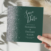 Square Dark Green Silver Glitzer Save the Date Ankündigung