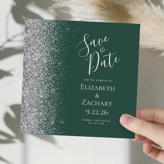 Square Dark Green Silver Glitzer Save the Date Ankündigung