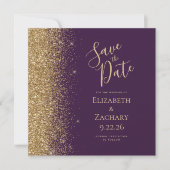 Square Dark Lila Gold Glitzer Save the Date Ankündigung (Vorderseite)