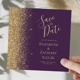 Square Dark Lila Gold Glitzer Save the Date Ankündigung