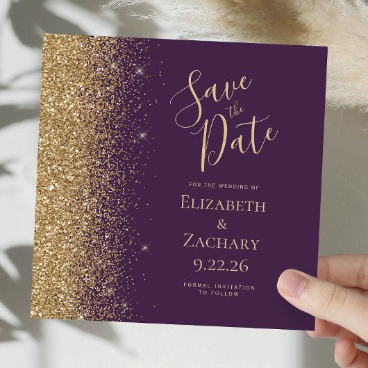 Square Dark Lila Gold Glitzer Save the Date Ankündigung