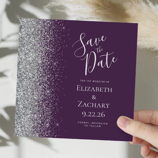 Square Dark Lila Silver Glitzer Save the Date Ankündigung