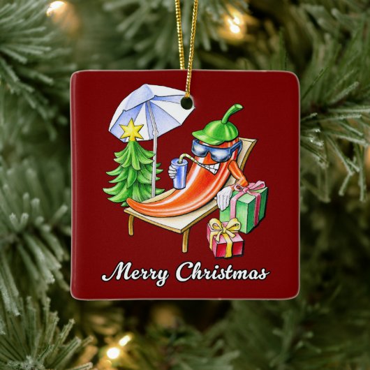 Square Deep Red Merry Christmas Pepper Keramikornament (Baum)