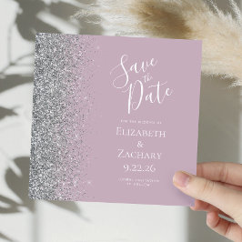 Square Dusty Lilac Silver Glitzer Save the Date Ankündigung