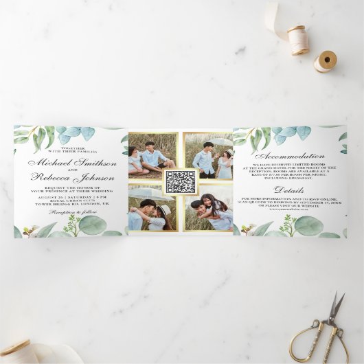 Square Eukalyptus Frame QR Code Wedding Dreifach Gefaltete Einladung (Innenseite)