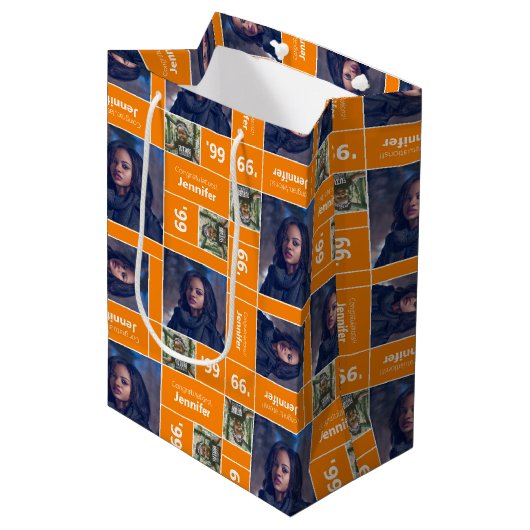 Square Foto Abschluss Class Year Orange Mittlere Geschenktüte (Vorderseite Schrägansicht)
