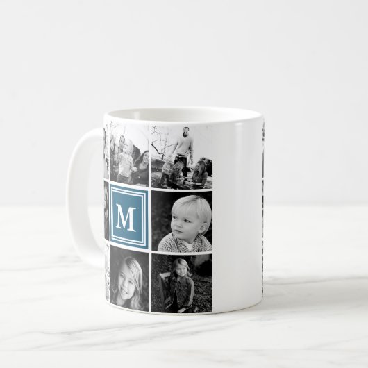 Square Foto Collage Navy Mit Monogramm Custom Kaffeetasse (Vorderseite Links)