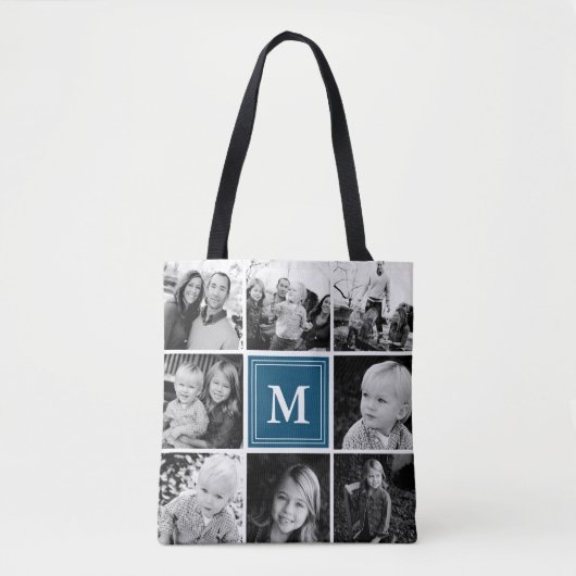 Square Foto Collage Navy Mit Monogramm Custom Tasche (Vorderseite)