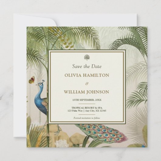 Square Foto Tropical Peacock Palm Save the Date (Vorderseite)