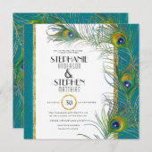 Square Gold Peacock Feather Modern Typografy Einladung (Vorne/Hinten)