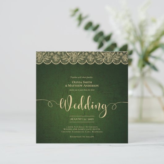 SQUARE Green Gold Lace Wedding Print oder Download Einladung (Stehend Vorderseite)