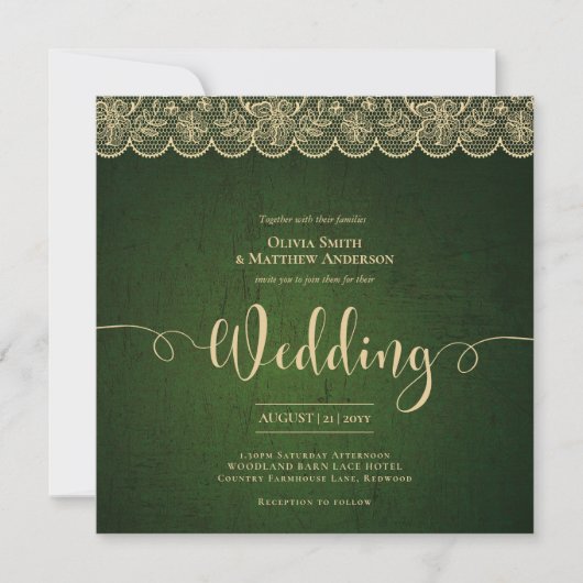 SQUARE Green Gold Lace Wedding Print oder Download Einladung (Vorderseite)