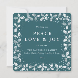 Square Green Hand Printed Holly Peace Liebe + Joy Feiertagskarte