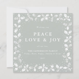 Square Green Hand Printed Holly Peace Liebe + Joy Feiertagskarte