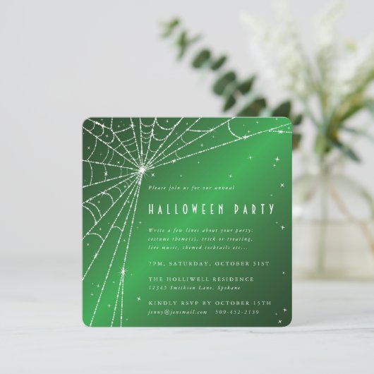Square Green Sparkling Spider Web Halloween-Party Einladung (Stehend Vorderseite)