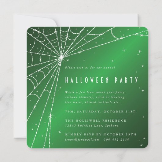 Square Green Sparkling Spider Web Halloween-Party Einladung (Vorderseite)