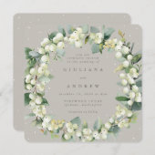 Square Greige Snowberry+Eucalyptus Wreath Wedding Einladung (Vorne/Hinten)