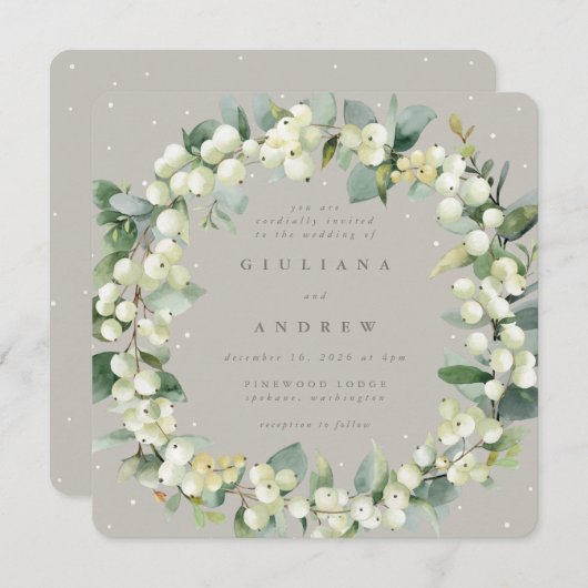 Square Greige Snowberry+Eucalyptus Wreath Wedding Einladung (Vorne/Hinten)