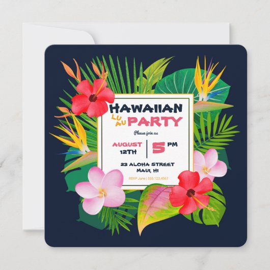 Square Hawaiian Luau Party Dark Blue Floral Einlad Ankündigung (Vorderseite)