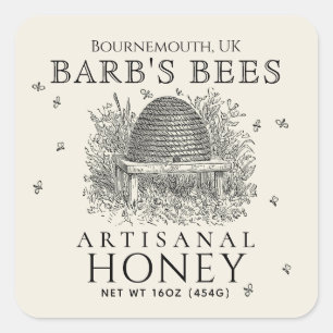 Square Ivory Honey Label Vintag Skep mit Bienen Quadratischer Aufkleber