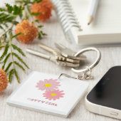 Square keychain with pink daisy flowers schlüsselanhänger (Vorderseite rechts)