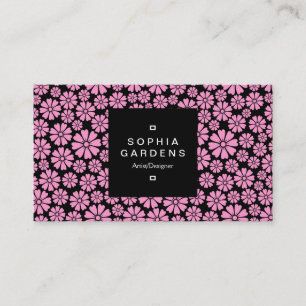 Square Label 01a - 8 Petals - Rosa auf Schwarz Visitenkarte