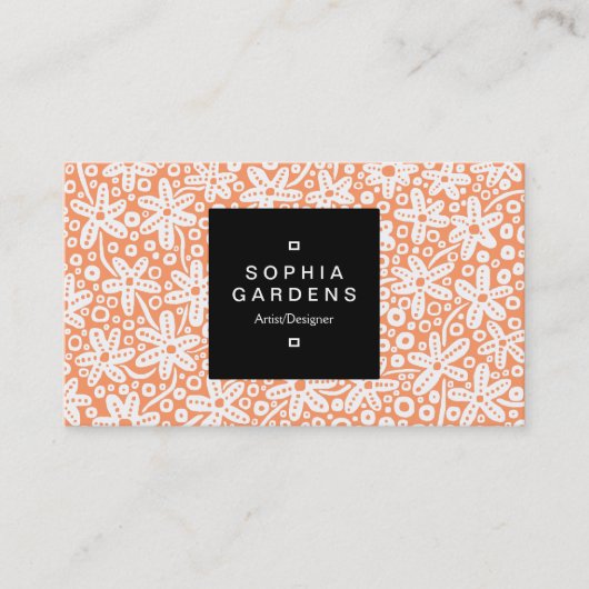 Square Label 01a - Blume Muster - Wt on Apricot Visitenkarte (Vorderseite)