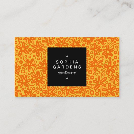 Square Label 01a - Blume Patt - Orange auf Bernste Visitenkarte (Vorderseite)