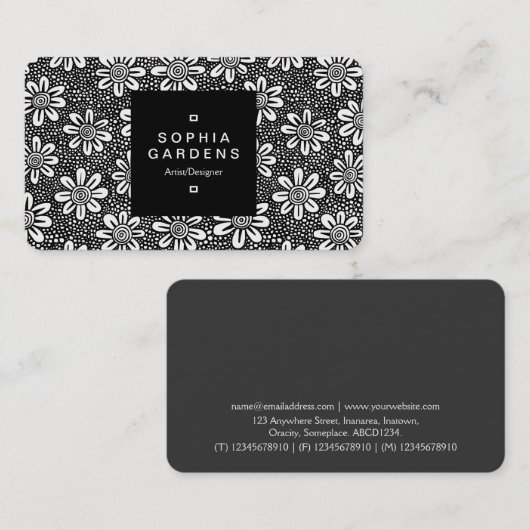Square Label 01a - Blume Pattern 140617 - Schwarz Visitenkarte (Vorne/Hinten)