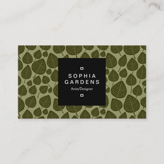 Square Label 01a - Leaf pattern 02 - Olive Shades Visitenkarte (Vorderseite)
