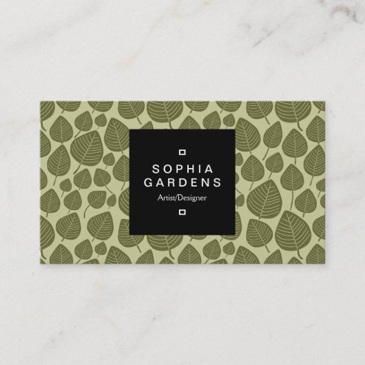 Square Label 01a - Leaf pattern 02 - Olive Shades Visitenkarte (Vorderseite)
