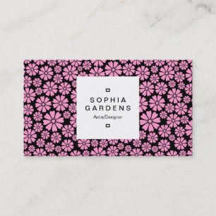 Square Label 03a - 8 Petals - Rosa auf Schwarz Visitenkarte