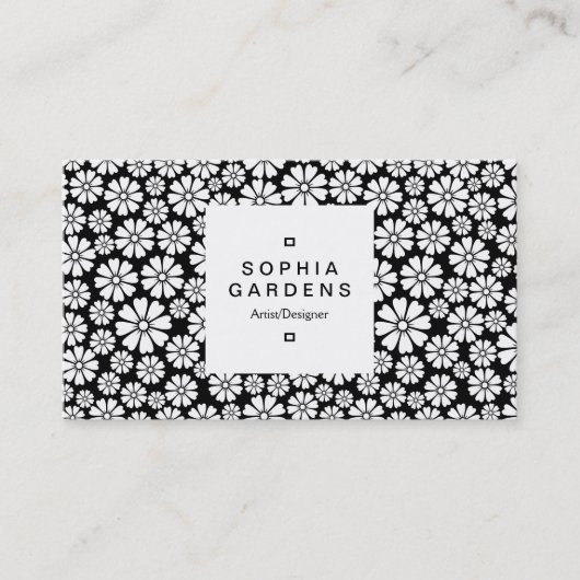 Square Label 03a - 8 Petals - Weiß auf Schwarz Visitenkarte (Vorderseite)