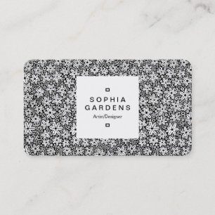 Square Label 03a - Blume Pattern - Schwarz Visitenkarte