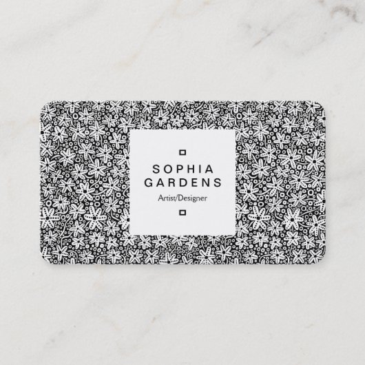 Square Label 03a - Blume Pattern - Schwarz Visitenkarte (Vorderseite)