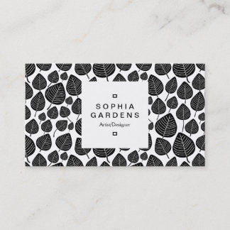 Square Label 03a - Leaf pattern 02 - Black Visitenkarte