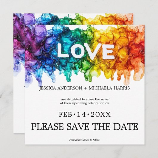 🌈 🐦 Square LGBTQ mit Liebe-Hochzeit bemalt Save The Date (Vorne/Hinten)