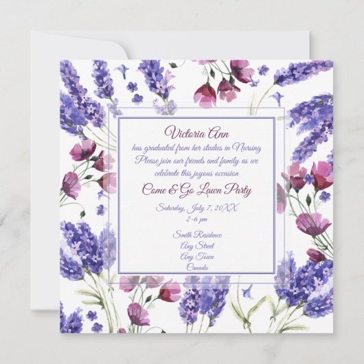 Square Lila Watercolor Blume Abschluss Einladung (Rückseite)