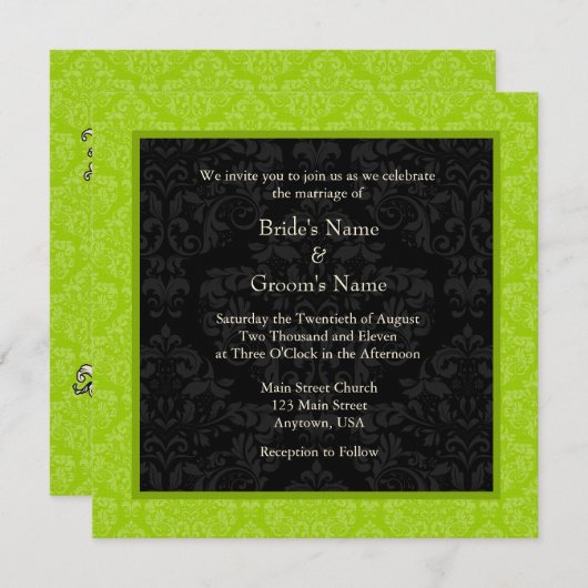 Square Limon Greeen Damask Monogram Wedites Einladung (Vorne/Hinten)