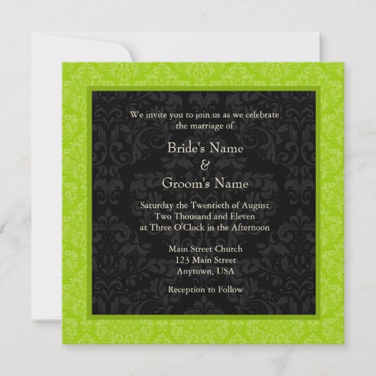 Square Limon Greeen Damask Monogram Wedites Einladung (Vorderseite)
