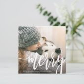 Square Merry White Script Holiday Card (Stehend Vorderseite)